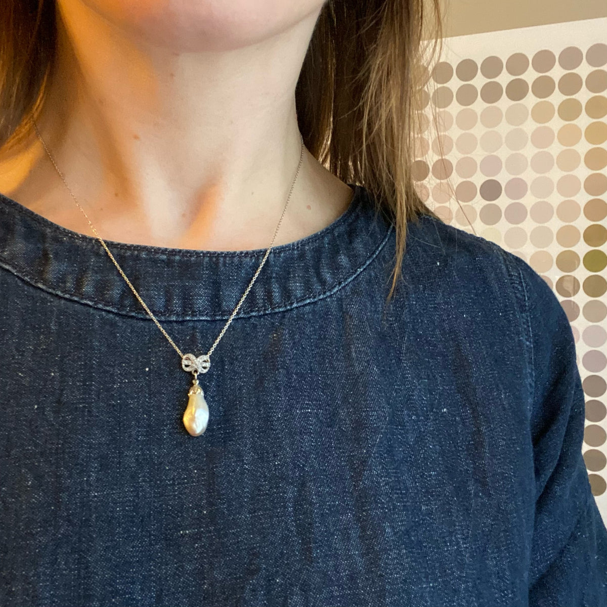 Natural Pearl Platinum and Diamond Pendant