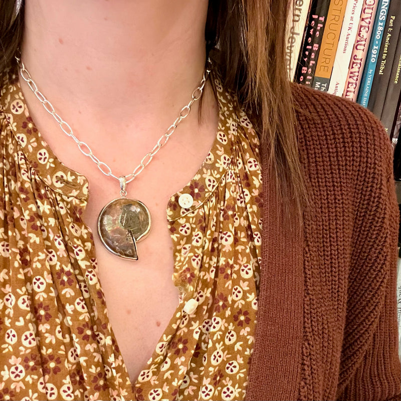 Pearlescent Ammonite Fossil in Sterling Pendant