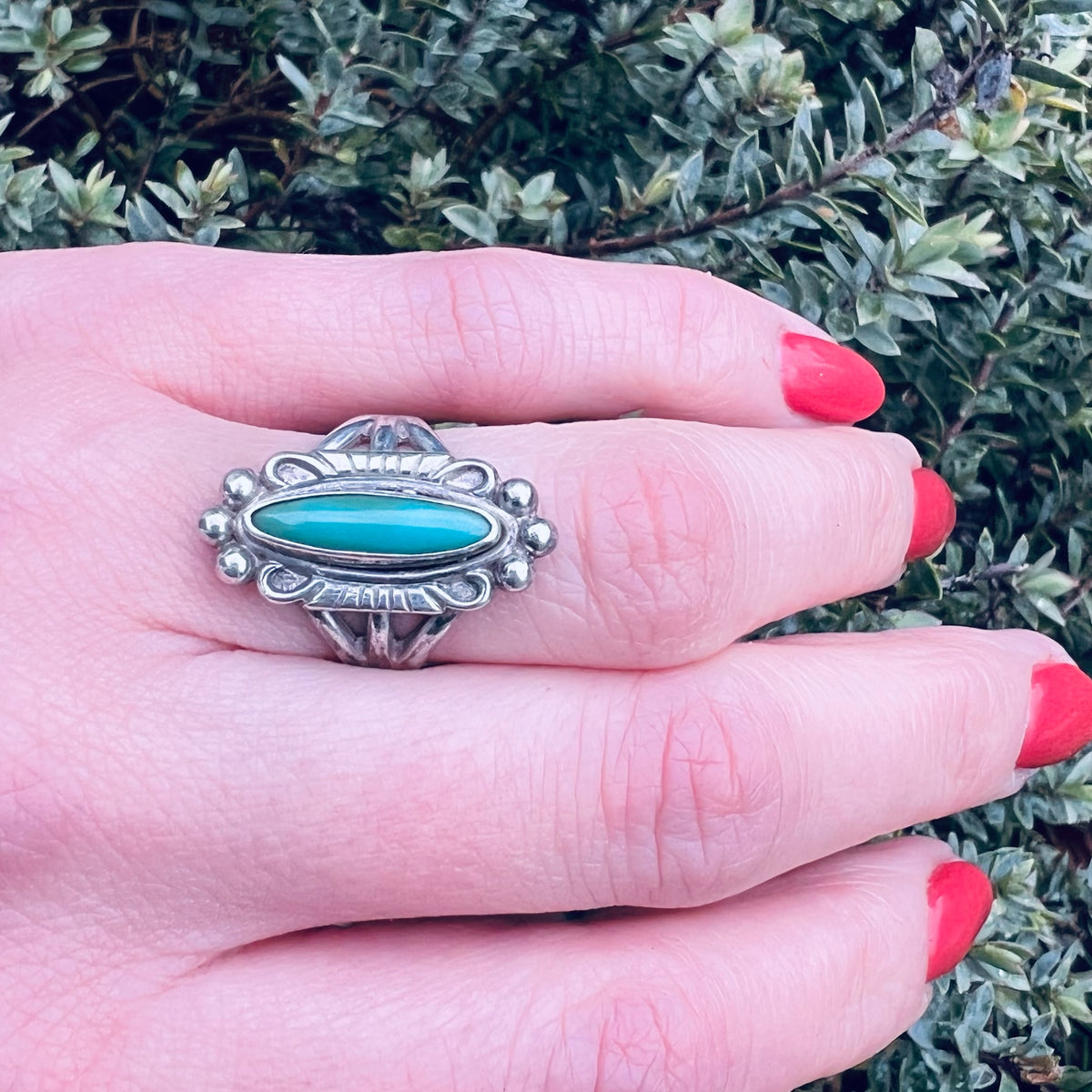 Romantic Turquoise Navette in Silver Ring