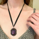 Purple Glass and Silver Pendant on Silk Ribbon