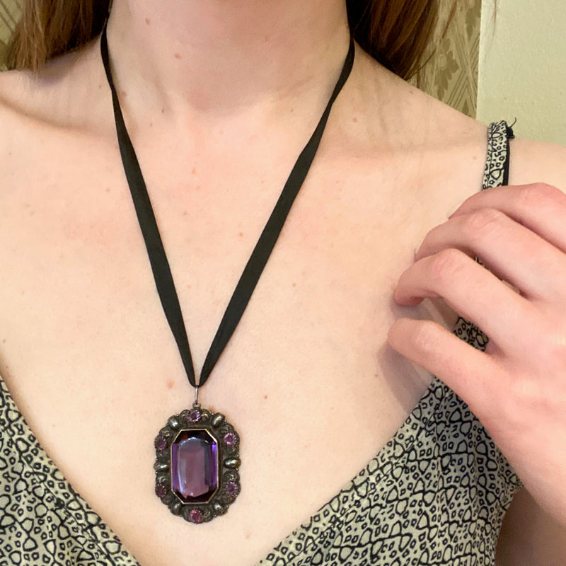 Purple Glass and Silver Pendant on Silk Ribbon