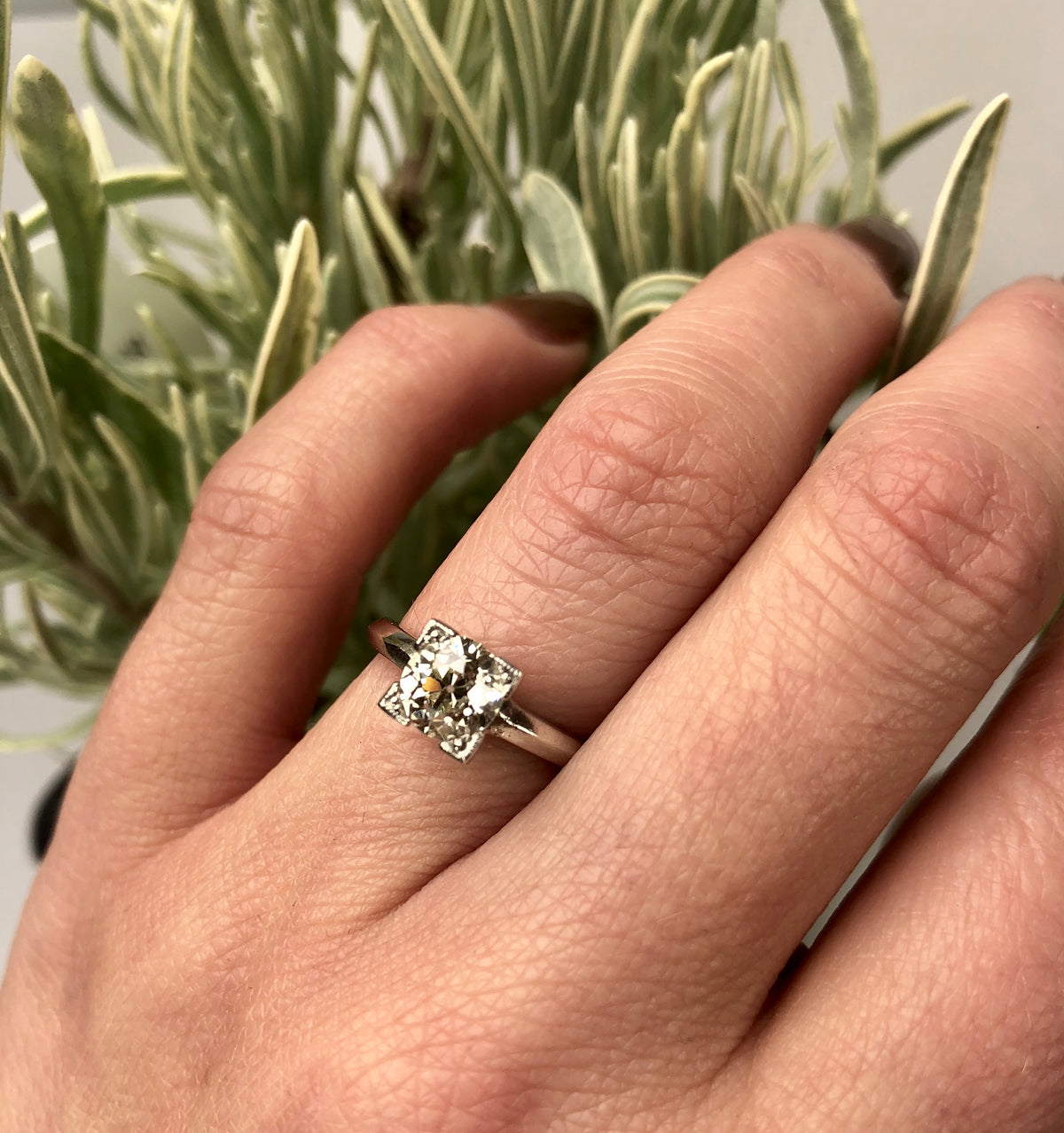 Pale Yellow Old European Cut Platinum Solitaire