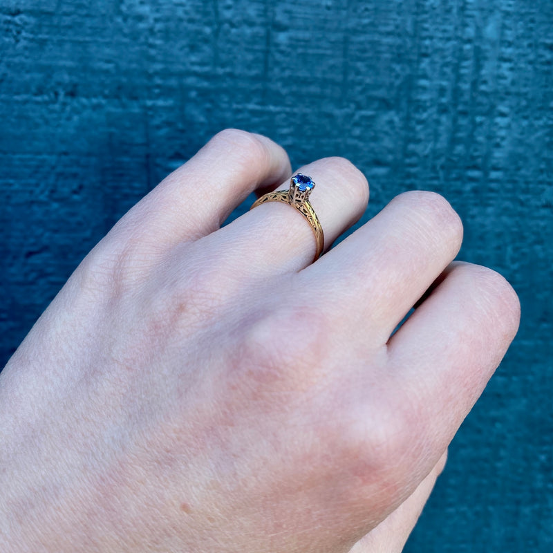 Enchanting Engraved Gold Montana Sapphire Engagement Ring