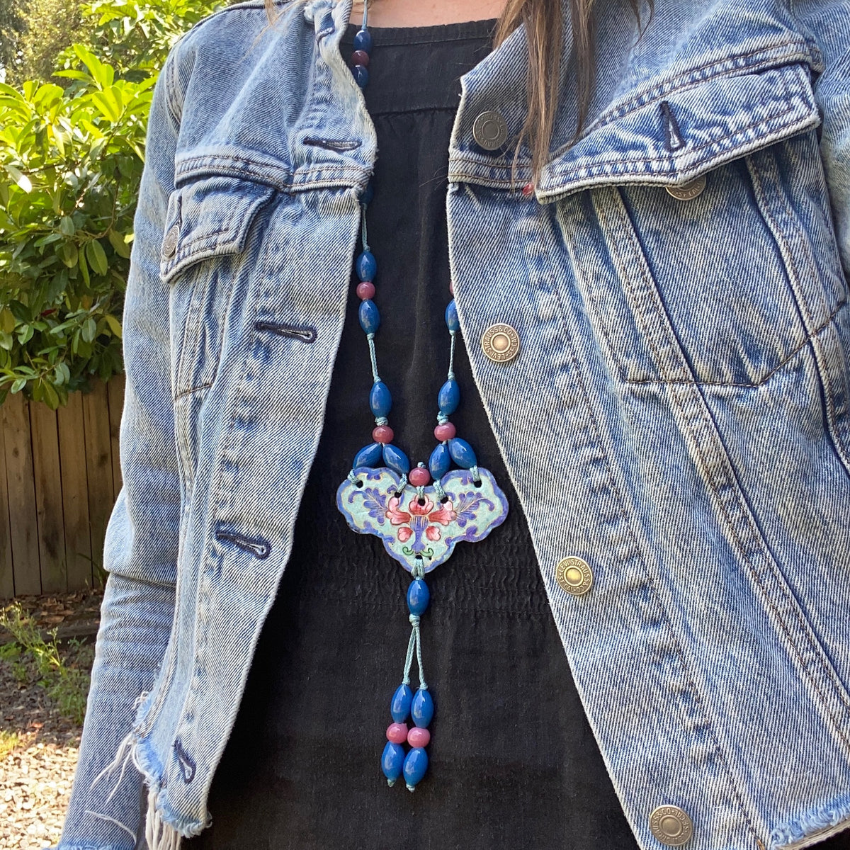 Pink & Blue Peking Glass Necklace with Enamel