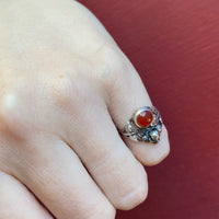 Red Carnelian & Silver Roses Vintage Ring