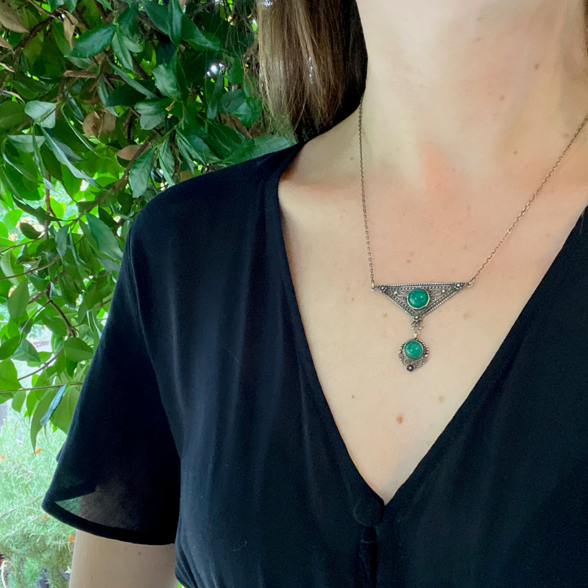 Jazz Age Filigree Necklace with Chrysoprase