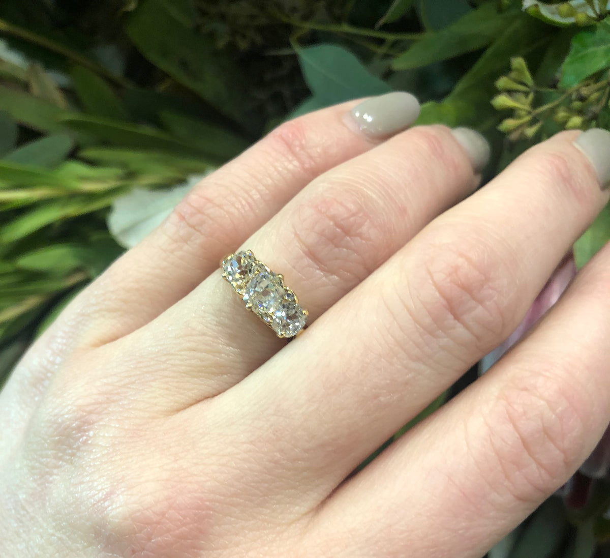 3 Stone Old European Cushion Cut Diamond Ring