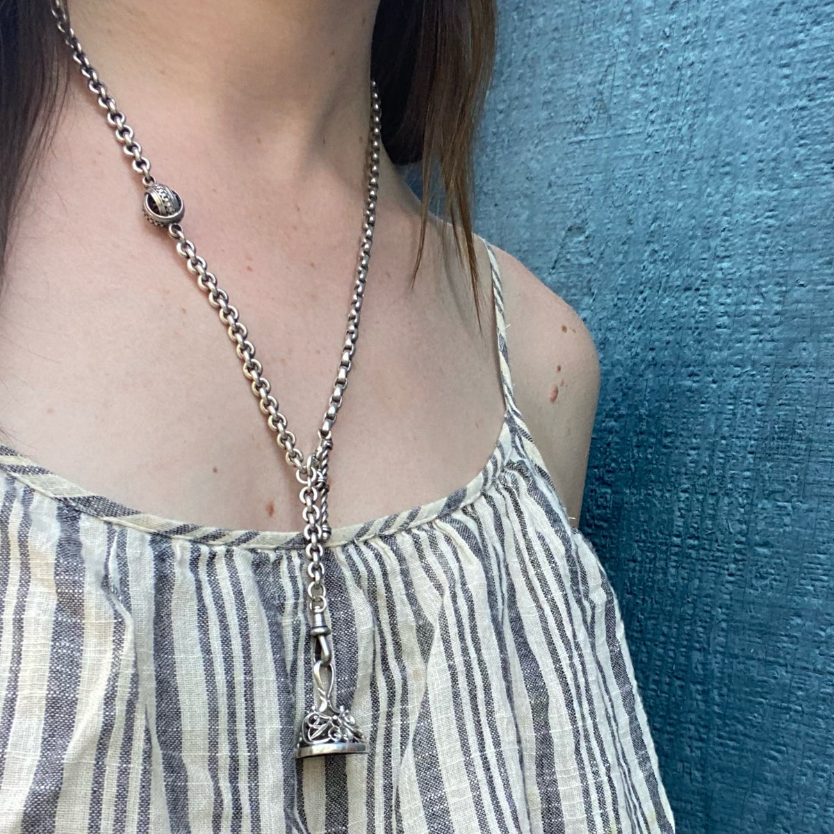 Airy Silver Filigree Fob with Smoky Quartz