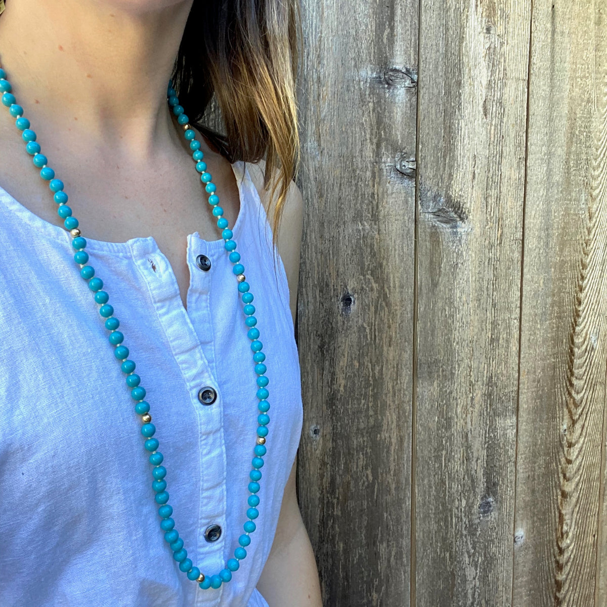 Long Turquoise Glass & Gold Bead Necklace