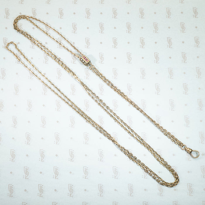 garnet and pearl barrel shaped slide on chain with hook 19th century gold filled