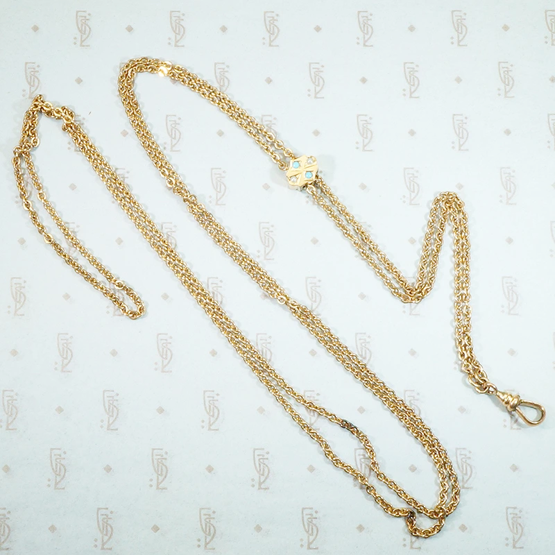 lovely long tracery gold filled chain with turquoise and pearl slide and hook