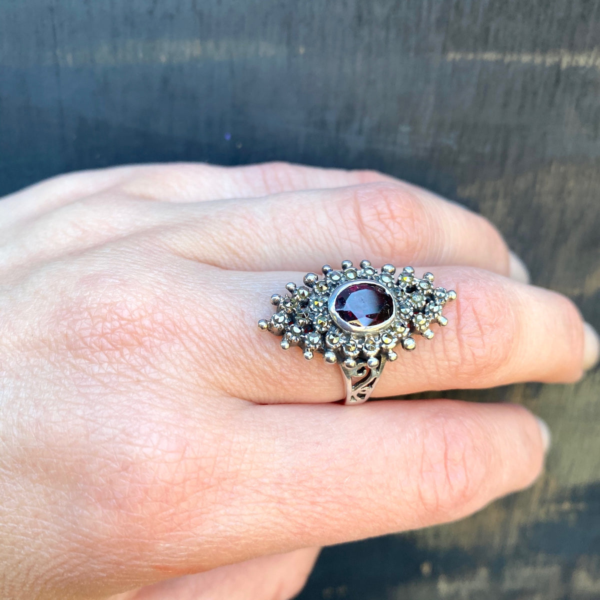 Dark Sparkle Garnet and Marcasite Sterling Ring