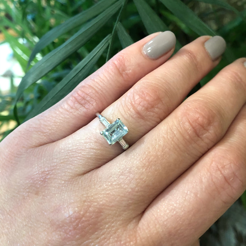 Vintage Classic Emerald Cut Aqua Platinum Engagement Ring