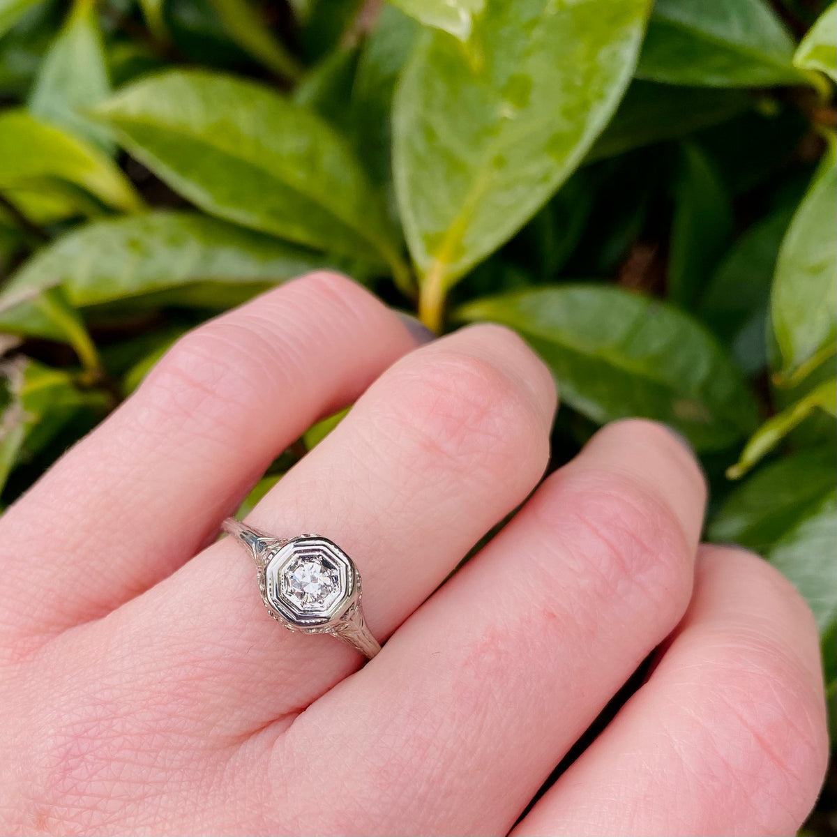 Diamond Solitaire Engagement Ring with Filigreed Hearts