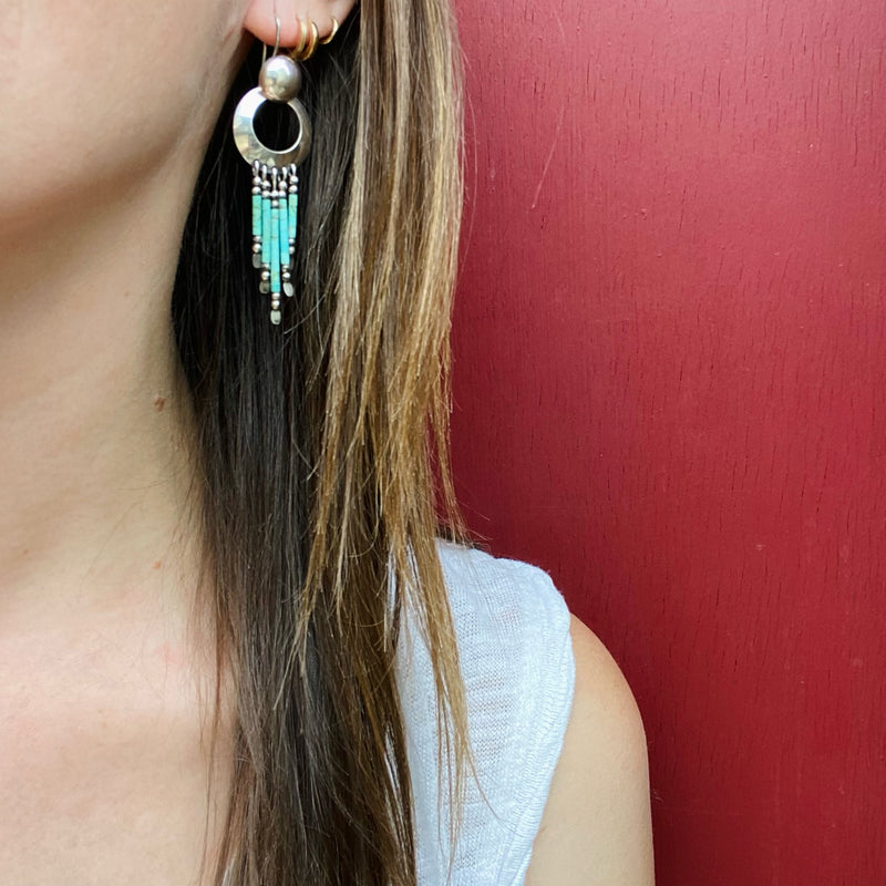 Slinky Turquoise & Silver Bead Fringe Earrings