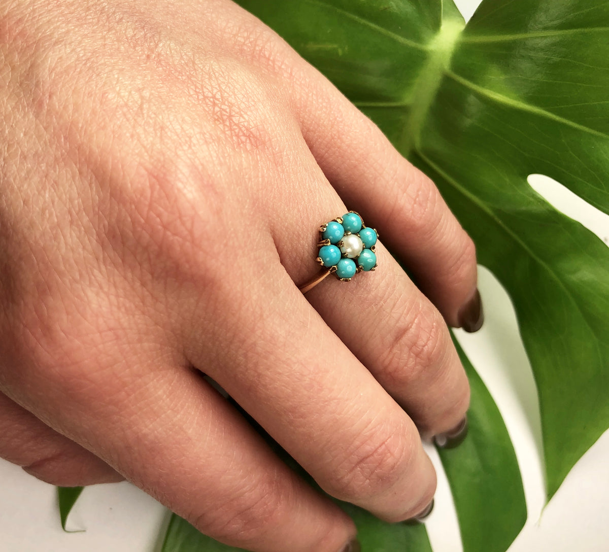 Turquoise and Pearl Pretty Posy Ring