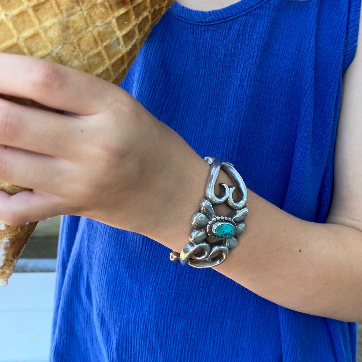Navajo Sand Cast Child Size Silver & Turquoise Cuff