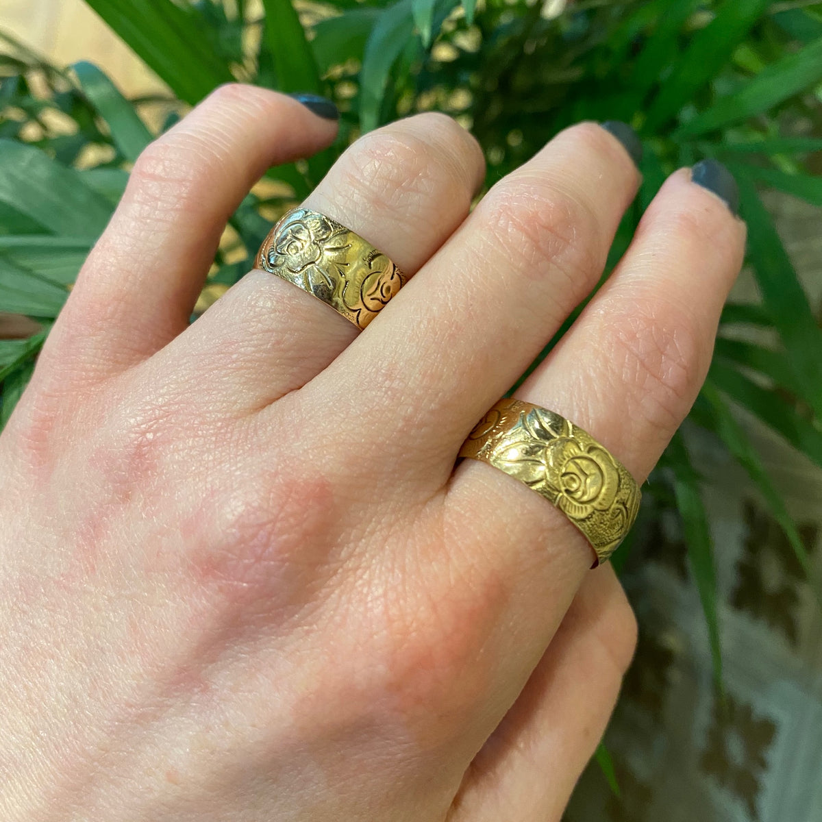 Vintage Pair of Wide Gold Wedding Bands Roses