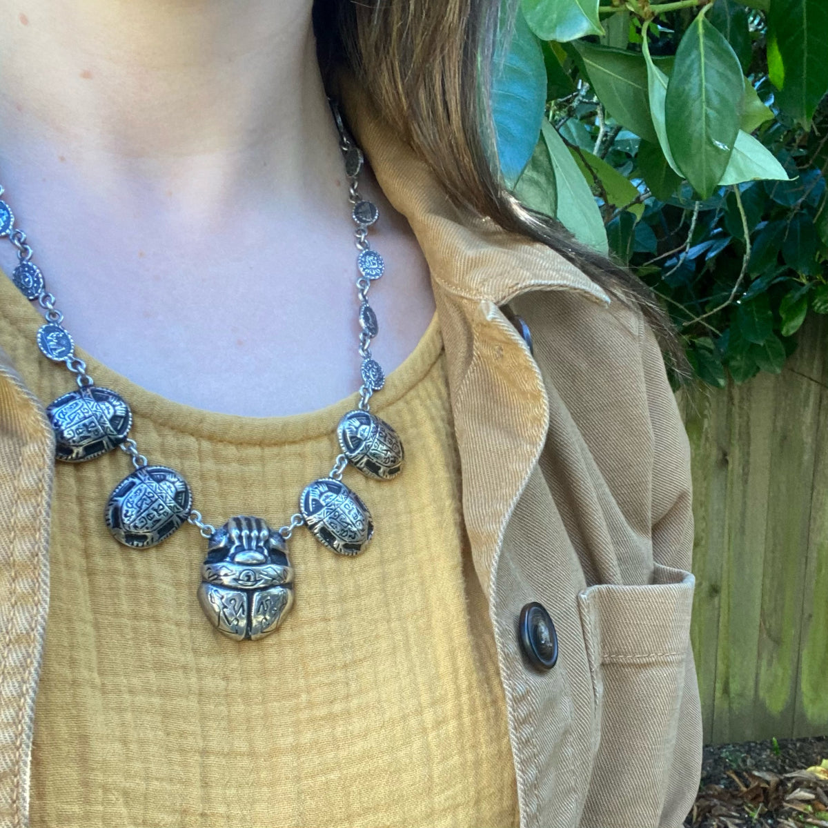 Mexican Silver Egyptian Revival Scarab Necklace
