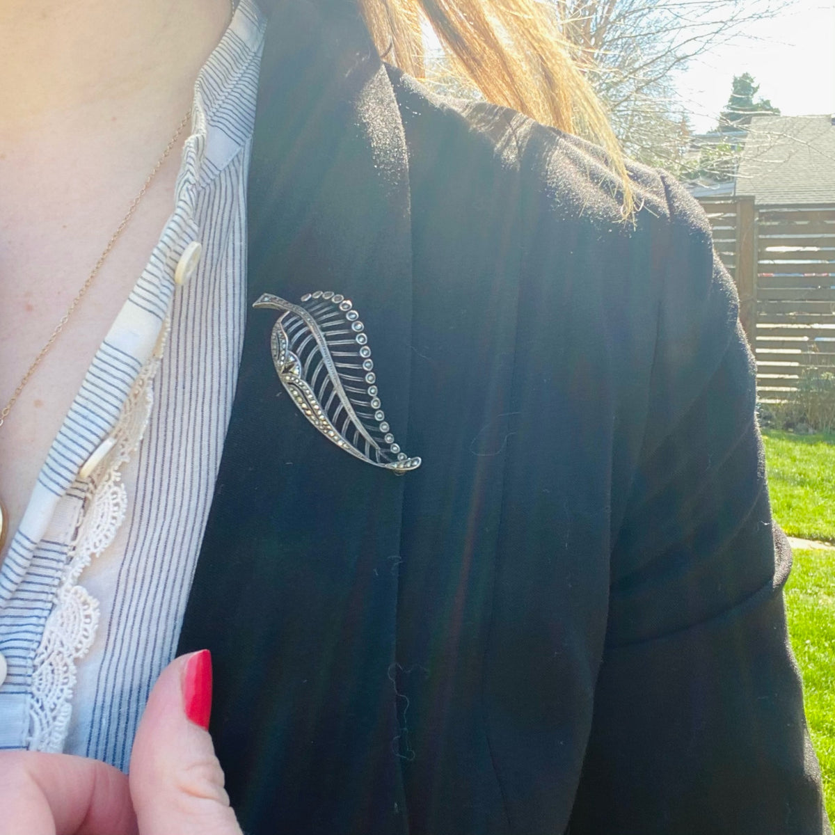 Delicate Deco Leaf in Silver & Marcasite Brooch