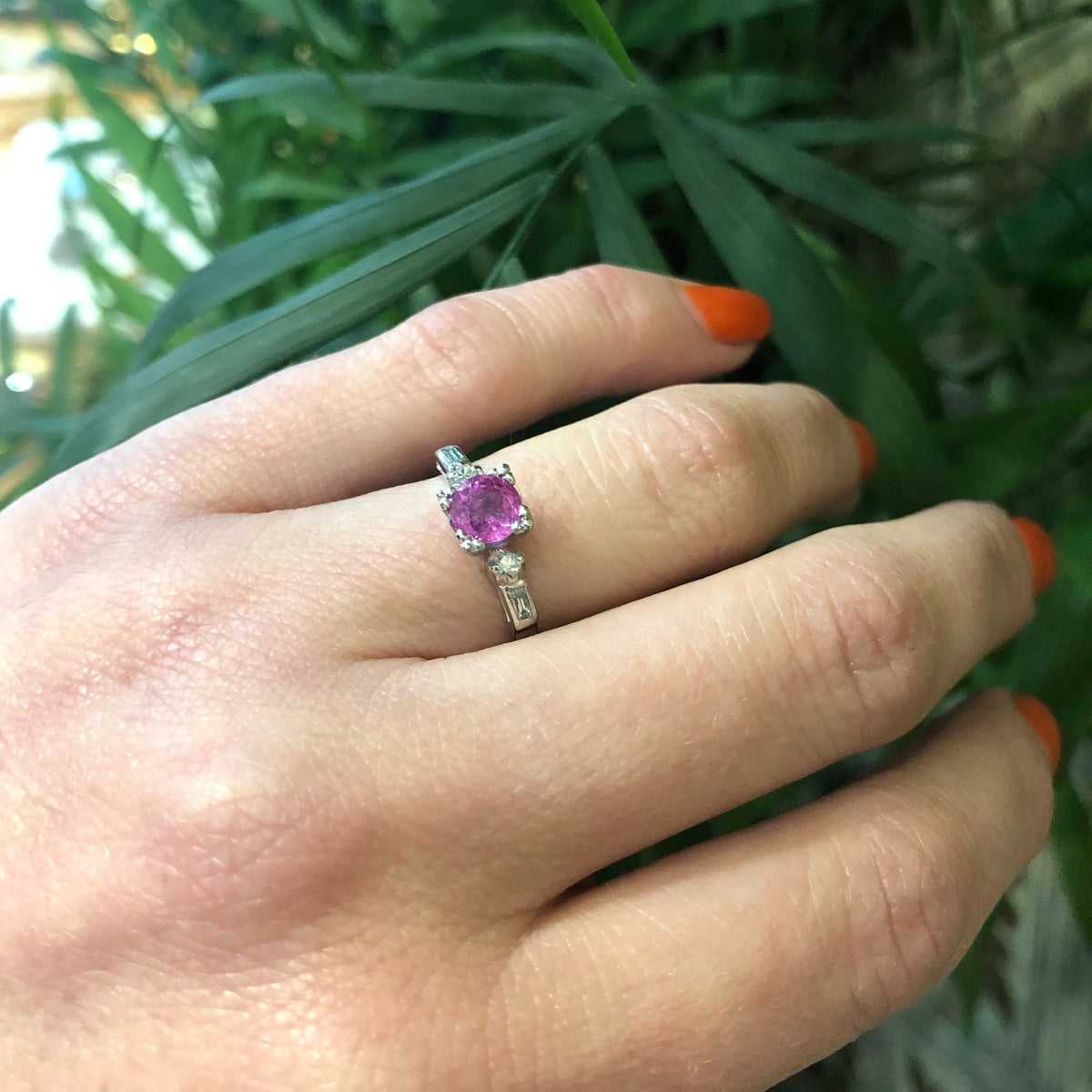 1940s Platinum Diamond and Pink Sapphire Engagement Ring