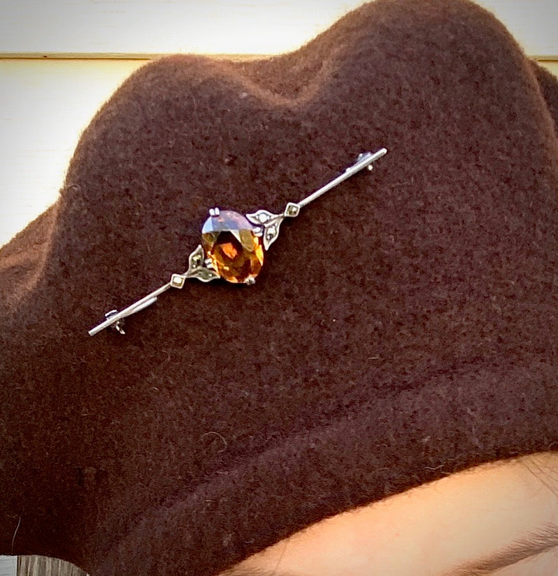 Delicate Citrine and Marcasite Bar Pin