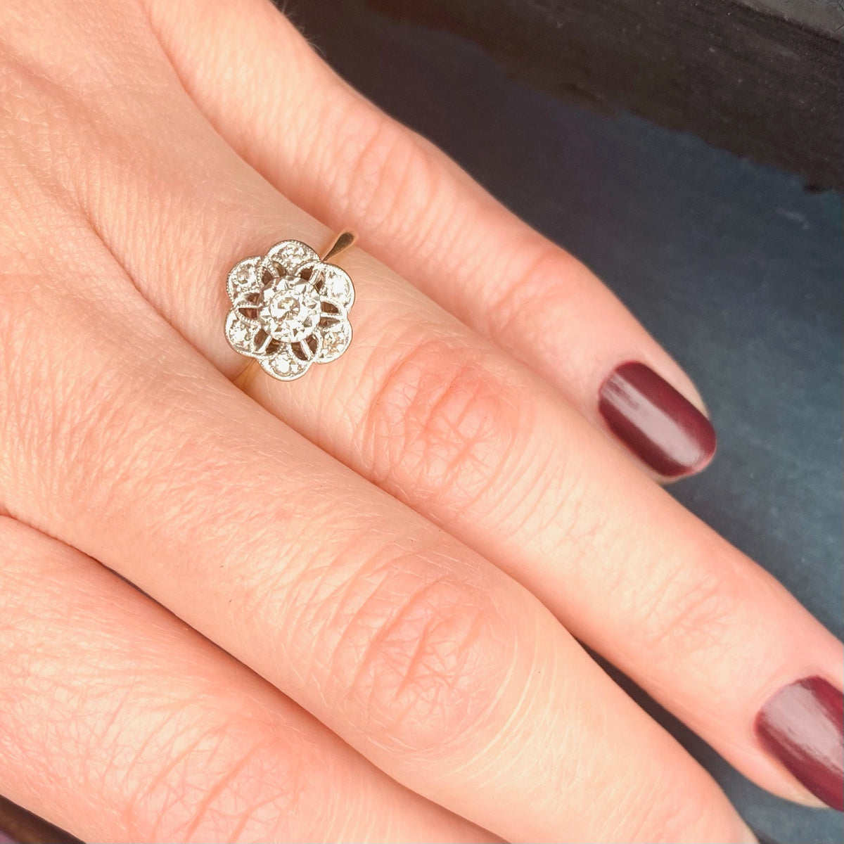 Lacy Open Work Diamond Cluster  Flower Ring
