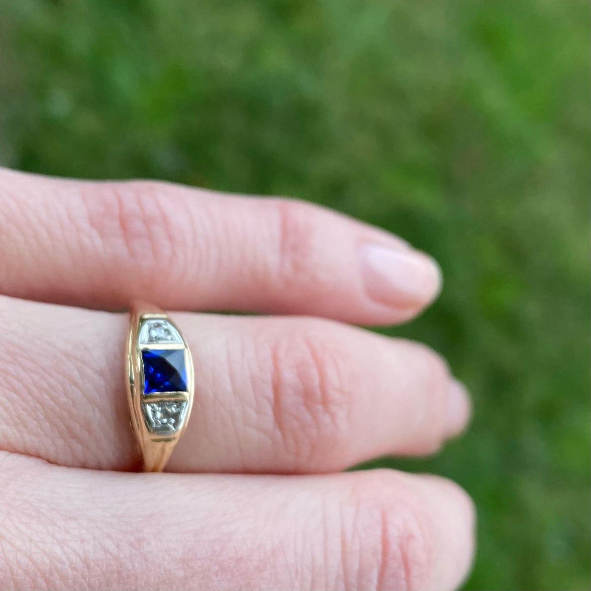 French Cut Sapphire and Rose Cut Diamond Engagement Ring