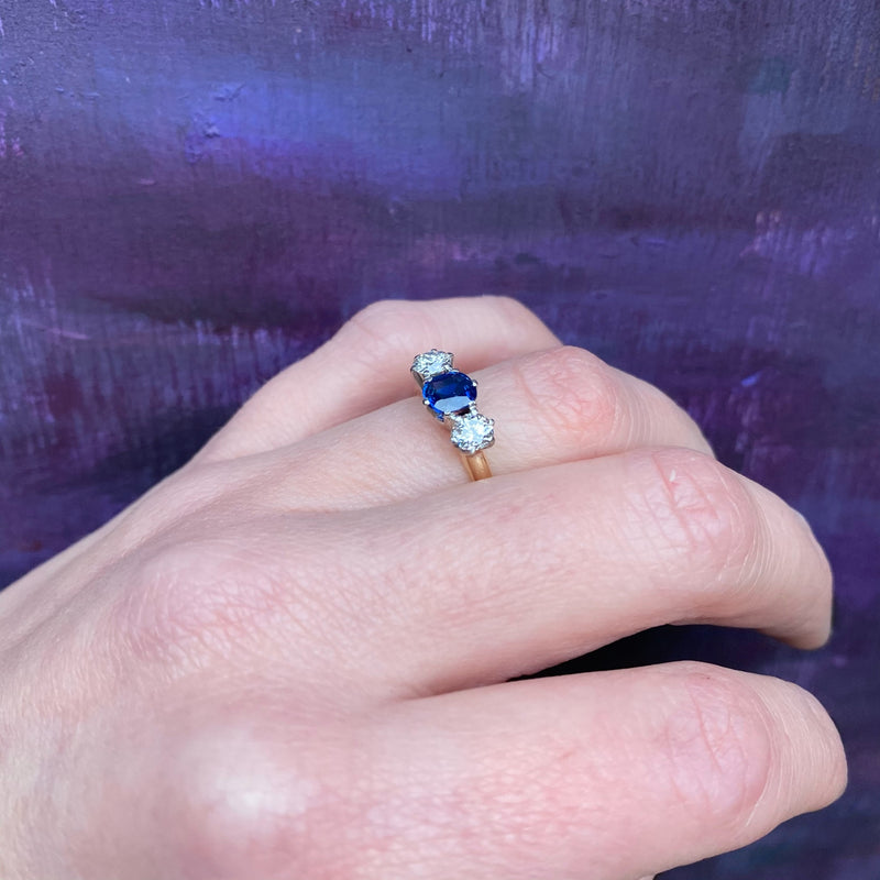 Gorgeous Sapphire and OEC Diamond 3 Stone Ring