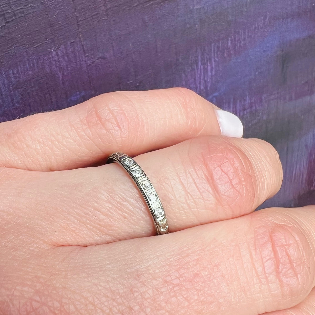 Five Diamond Engraved 18k White Gold Band