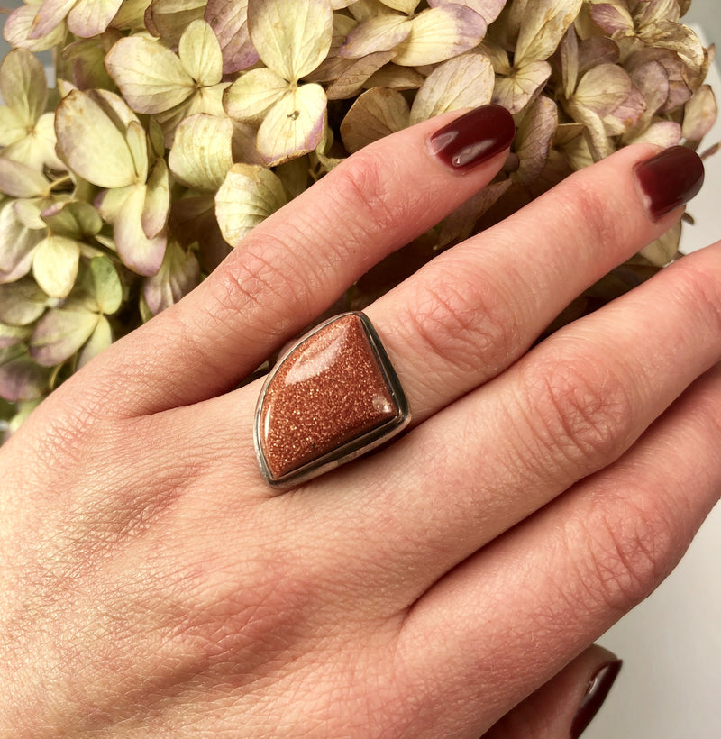 Asymmetrical Goldstone and Sterling Silver Ring