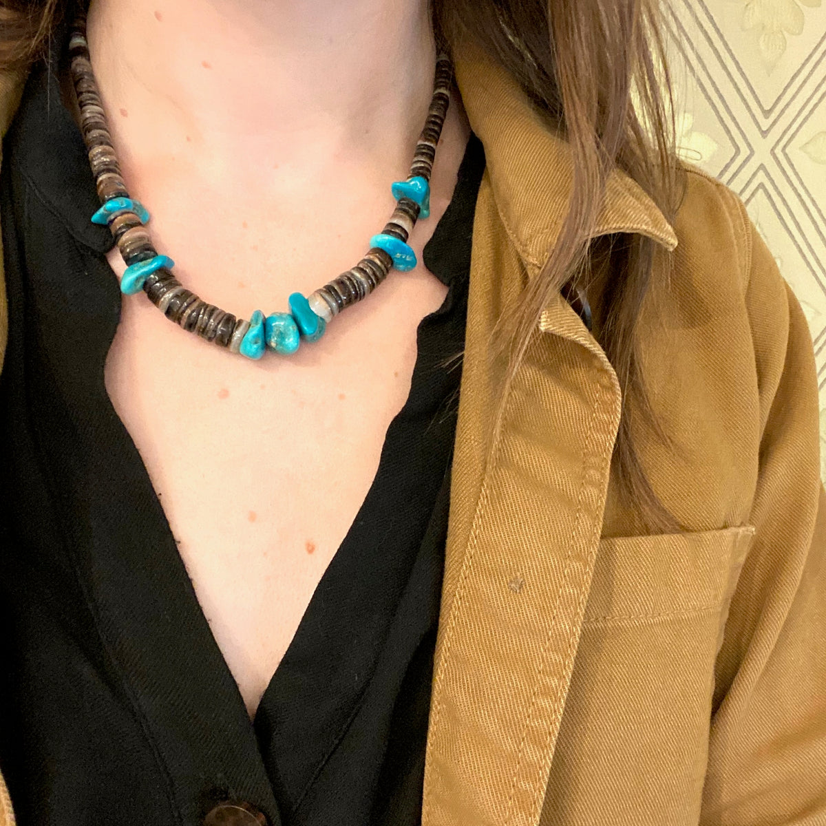 Heishi Shell Bead Necklace with Turquoise Nuggets