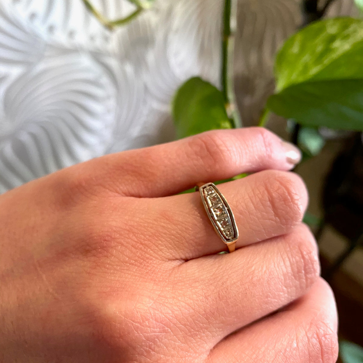 Rose Cut Diamond Art Deco Band in Two Tone Gold