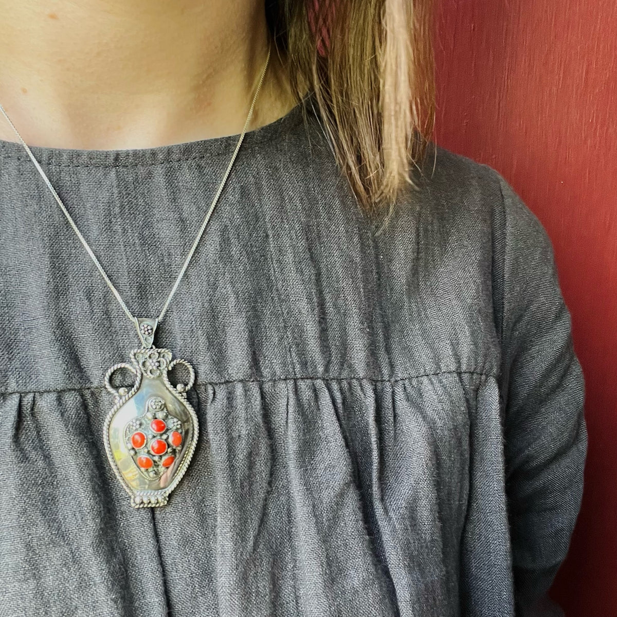 Sterling Urn Pendant/Pin with Red Gems