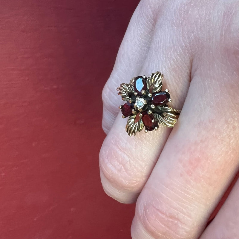 Gold & Garnet Petaled Flower Ring