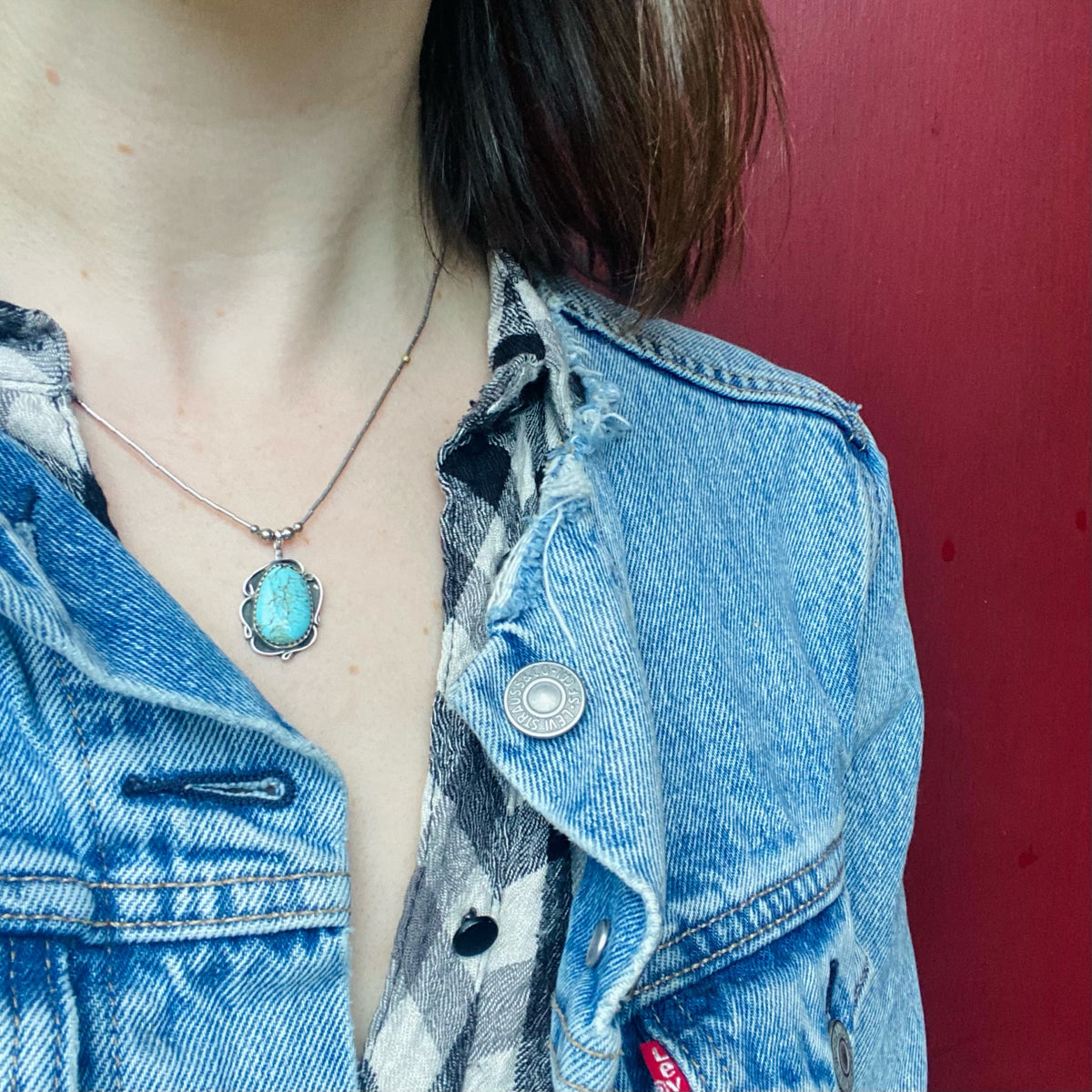 Turquoise Silver Overlay Pendant on Beaded Chain