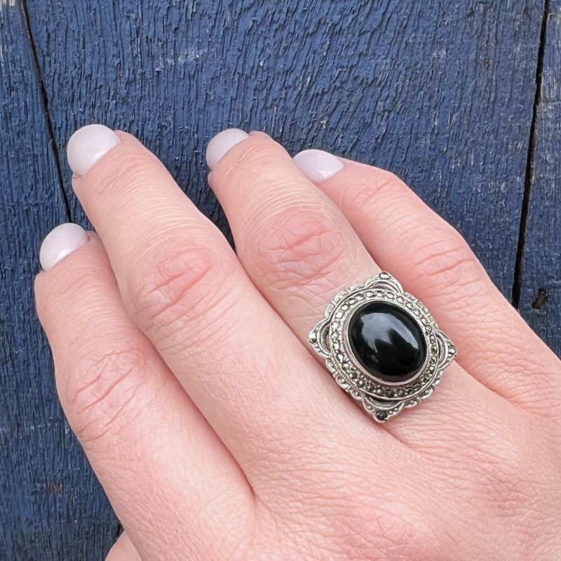 Darkly Romantic 1920s Onyx & Marcasite Ring