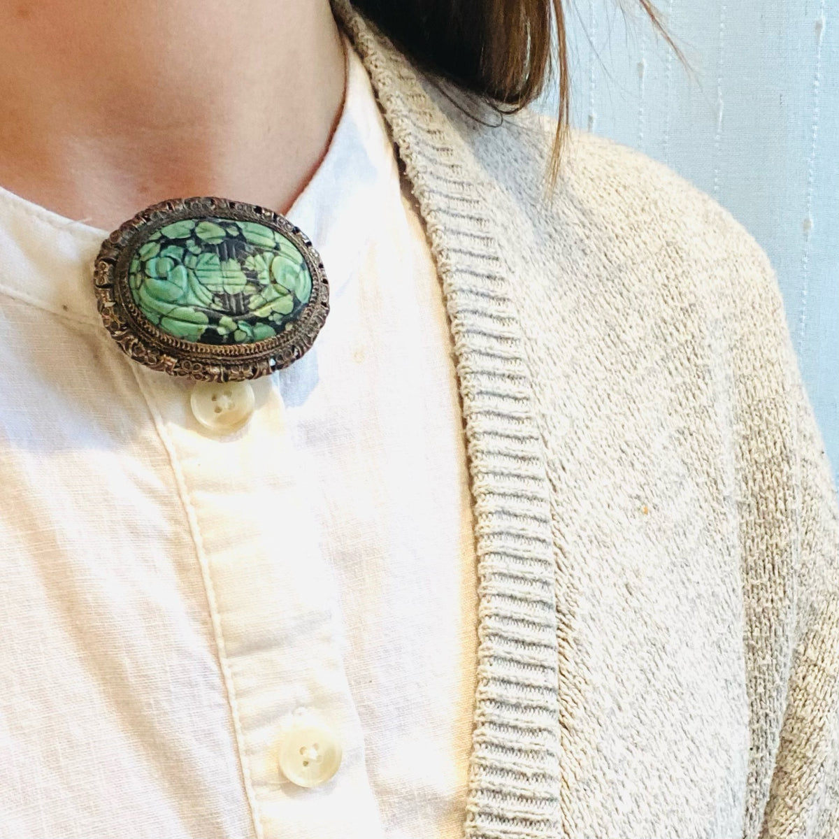 Dramatic Green Chinese Turquoise Brooch