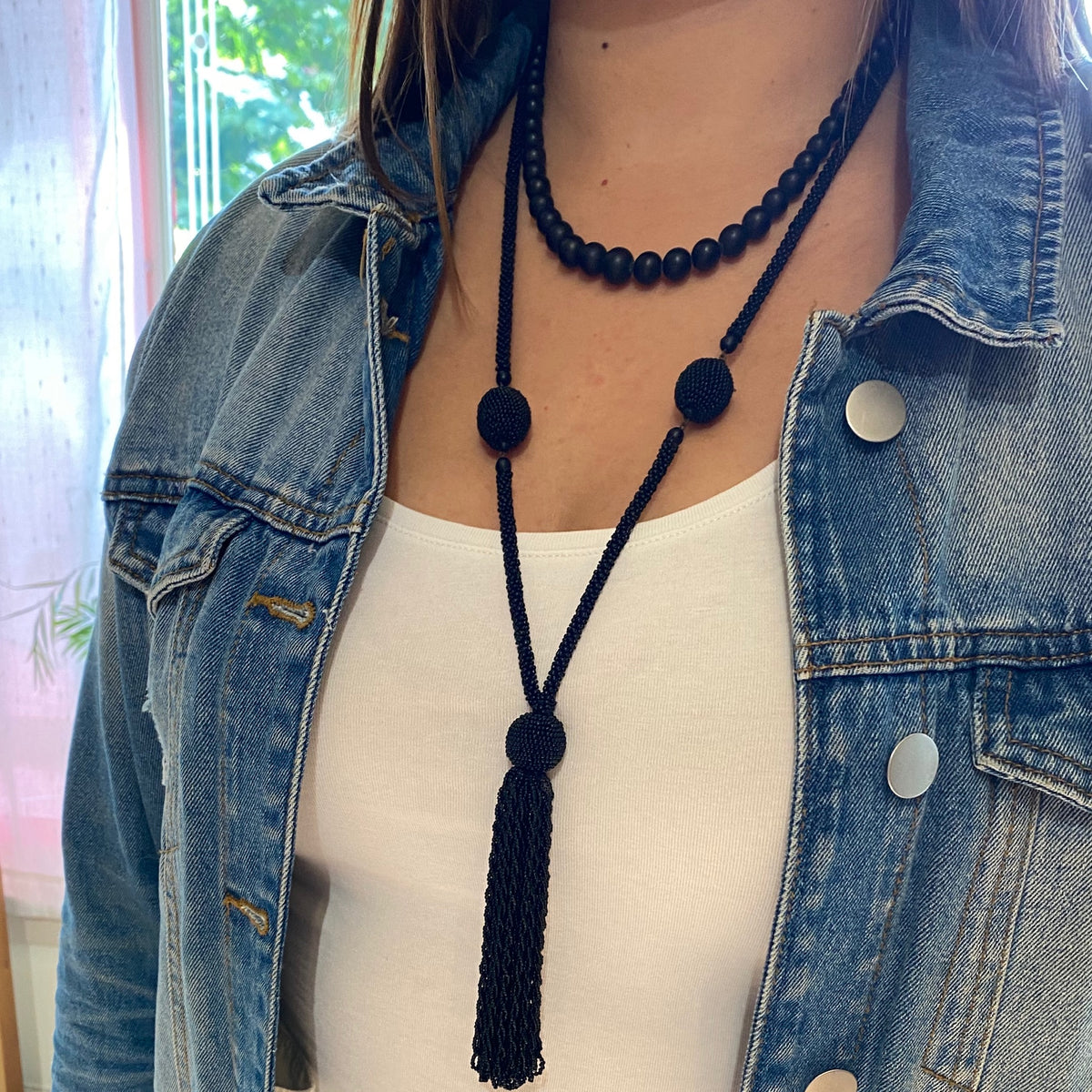 Graduated Black Matte Glass Beads with Gold Fittings