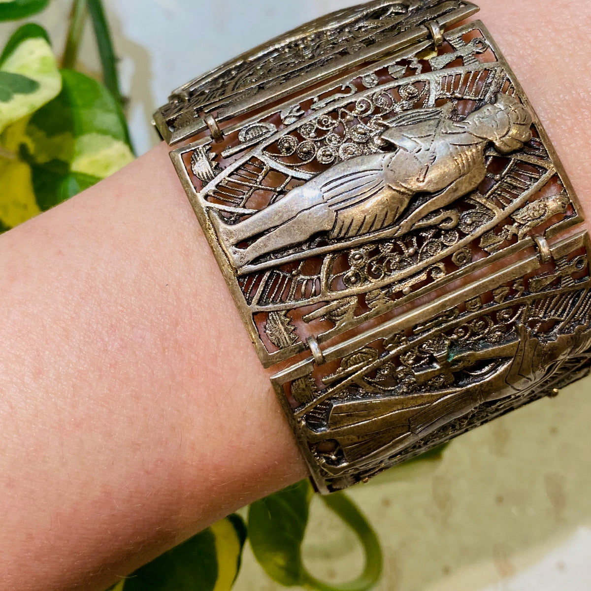 Deco Egyptian Revival Silver Panel Bracelet