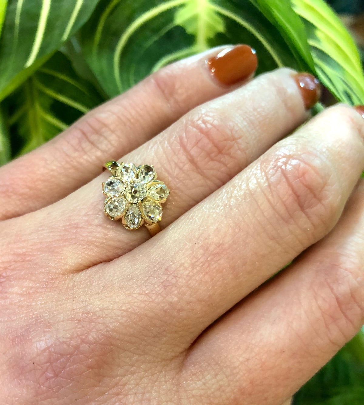 Rare old Mine Cut Pear Shaped Diamond Flower Ring