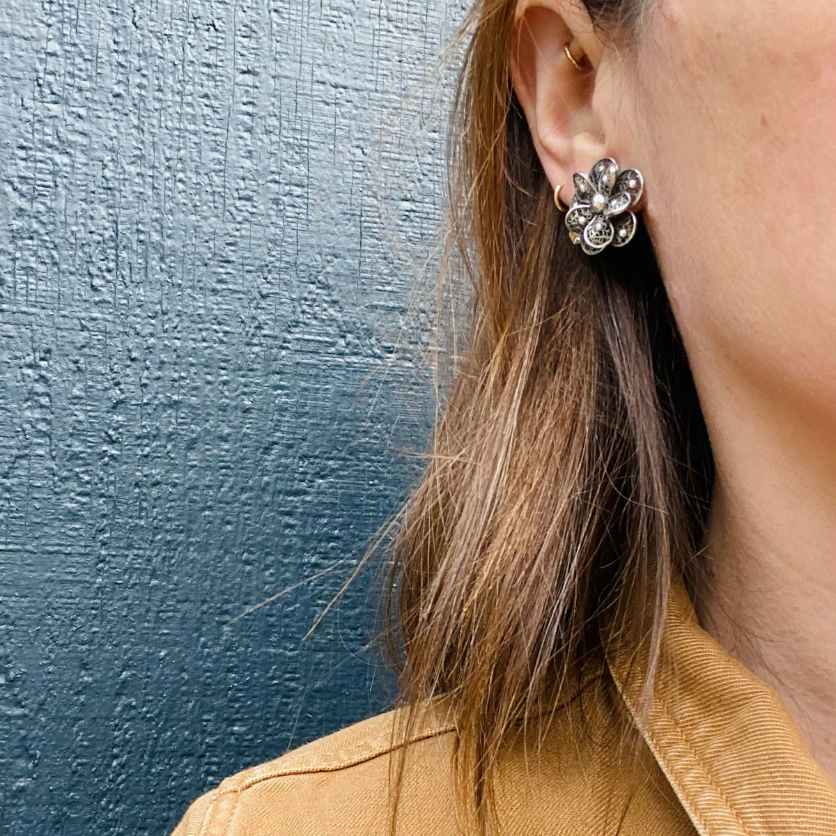 Cheerful Silver Filigree Flower Clip Earrings