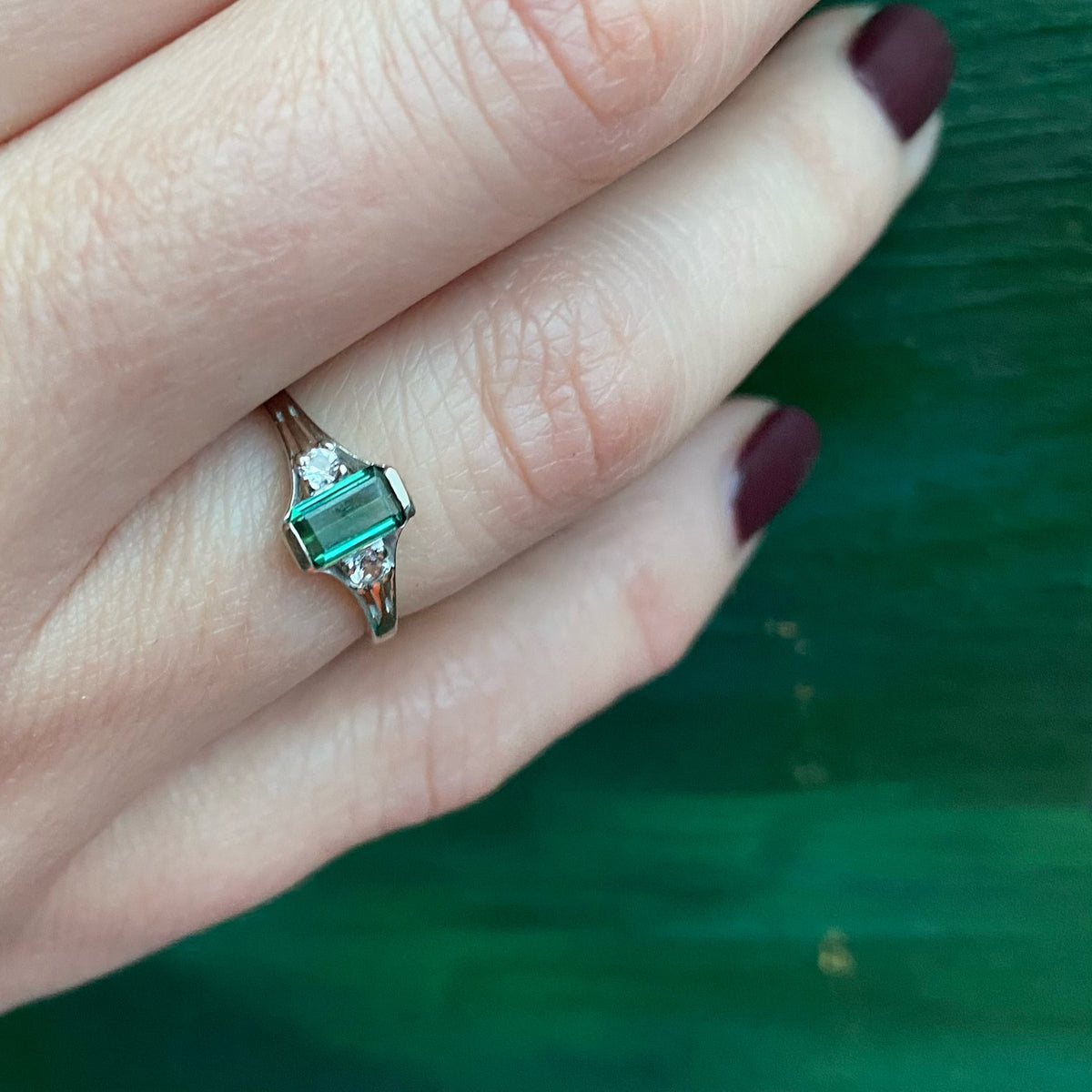 Deep Green Tourmaline Vintage Engagement Ring