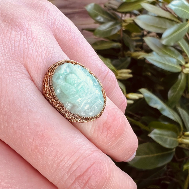 Carved Jade Cicada Silver Filigree Ring