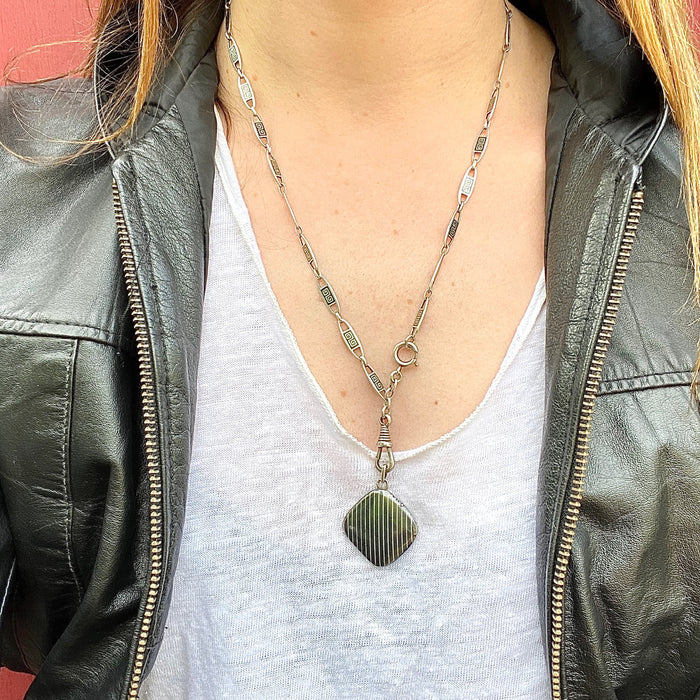 Subtly Graphic Silver and Niello Enamel Chain & Locket