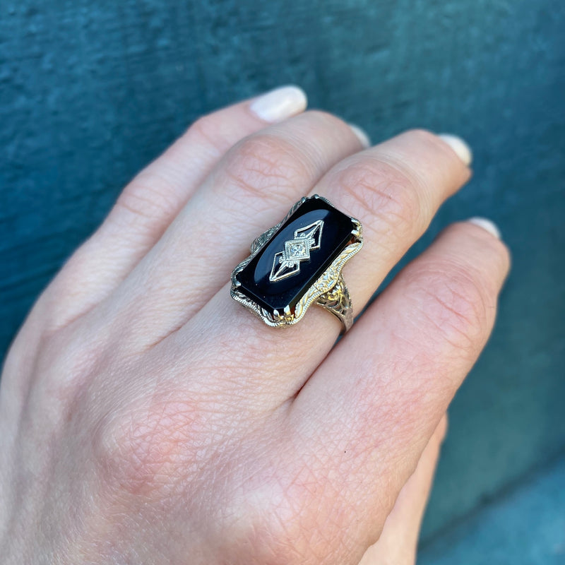 Fabulous Deco Filigree Onyx and Diamond Ring
