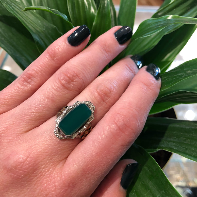 Fancy Green Onyx Vintage 1930's Silver Ring