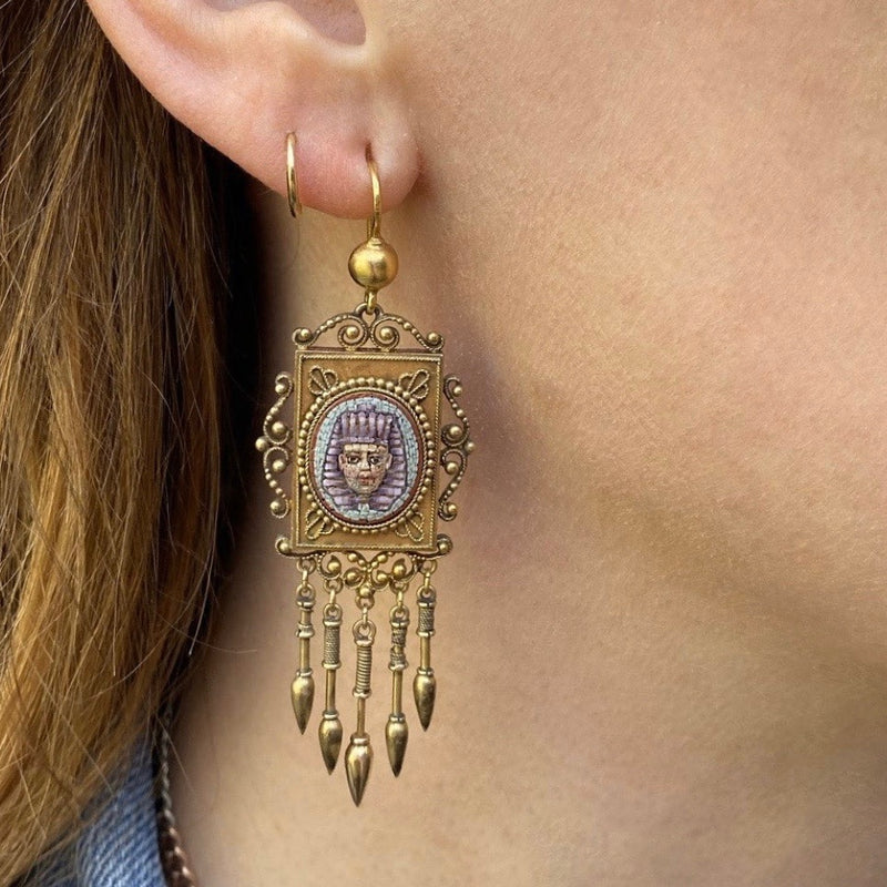Fabulous Egyptian Revival Micro Mosaic Pharaoh Earrings
