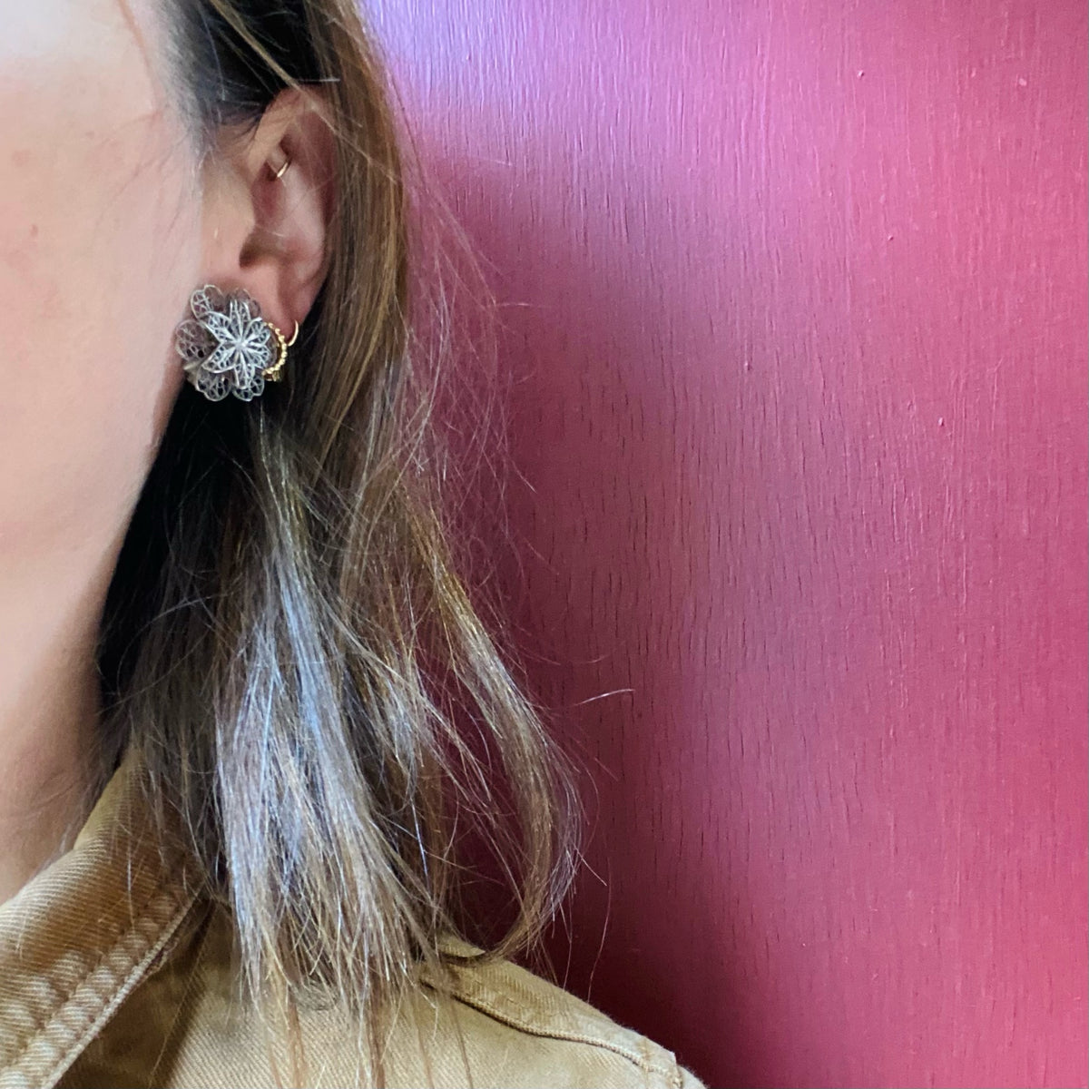 Beautiful Silver Filigree Blossoms Clip Earrings