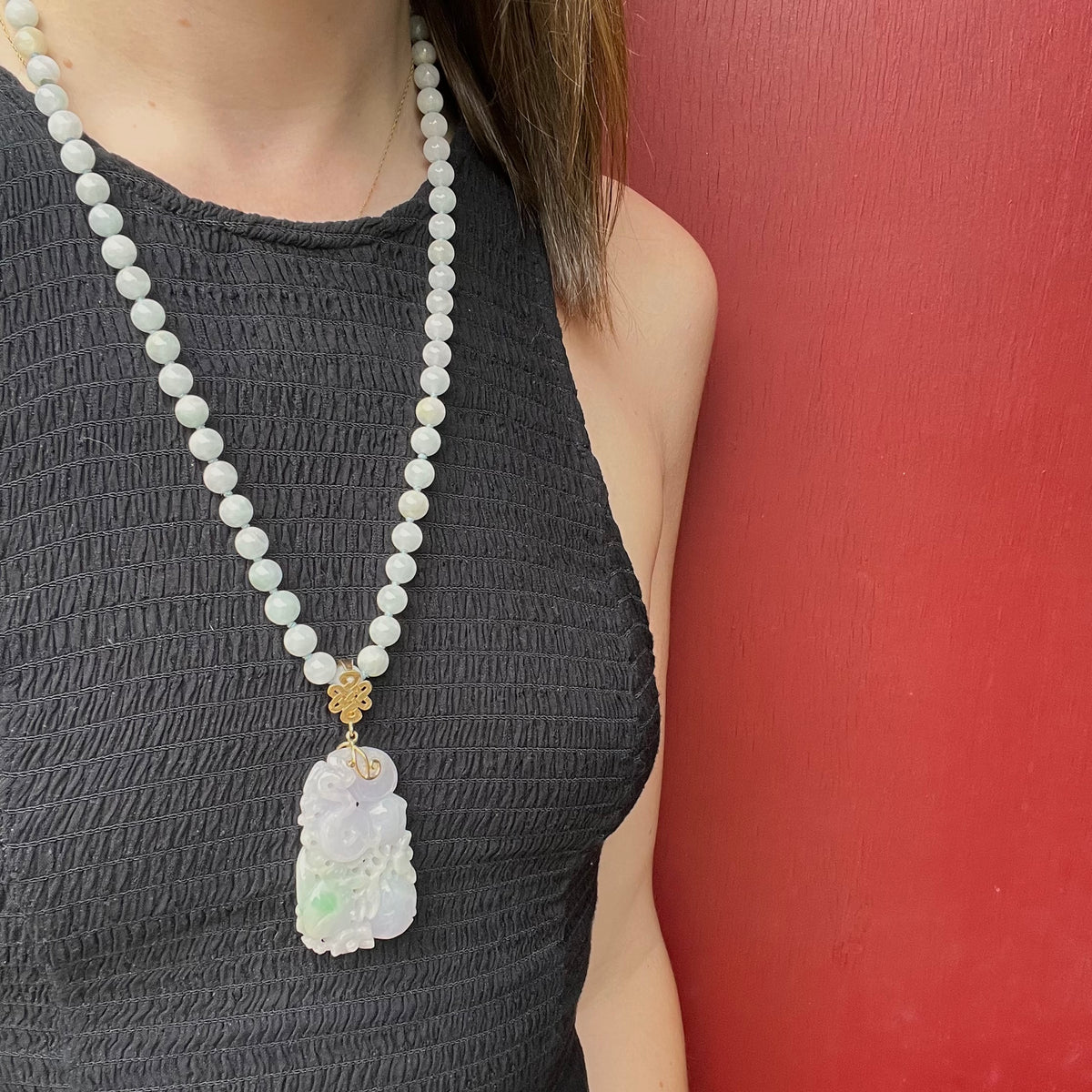 Superb Lavender Jade Necklace with Plums, Coins & Dragon